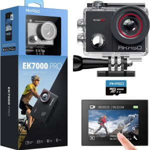 AKASO EK7000 Pro 4K30fps Action Camera with Touch Screen EIS 131ft Waterproof Camera Remote Control 5X Zoom Underwater Camera with Helmet Accessories Kit (with 128GB MicroSD Card)