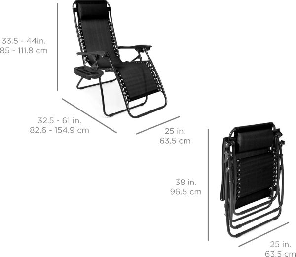 Best Choice Products Set of 2 Adjustable Steel Mesh Zero Gravity Lounge Chair Recliners w/Pillows and Cup Holder Trays - Black - Image 2