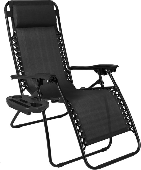 Best Choice Products Set of 2 Adjustable Steel Mesh Zero Gravity Lounge Chair Recliners w/Pillows and Cup Holder Trays - Black - Image 5