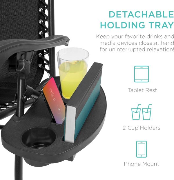 Best Choice Products Set of 2 Adjustable Steel Mesh Zero Gravity Lounge Chair Recliners w/Pillows and Cup Holder Trays - Black - Image 6