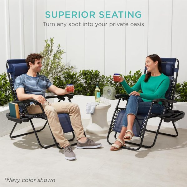 Best Choice Products Set of 2 Adjustable Steel Mesh Zero Gravity Lounge Chair Recliners w/Pillows and Cup Holder Trays - Black - Image 8