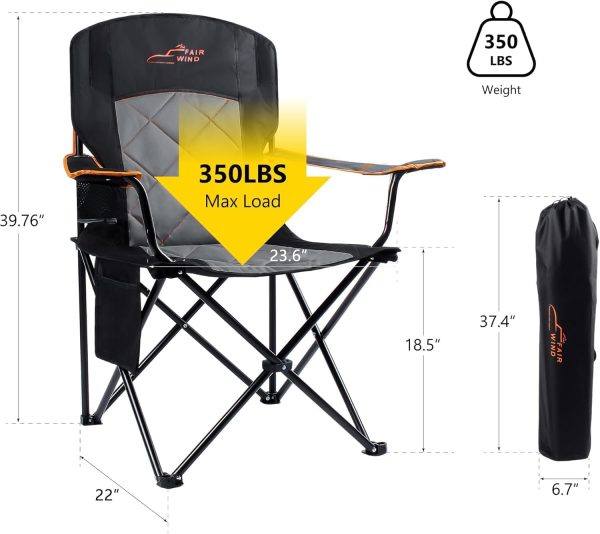 FAIR WIND 2 Pack Oversized Fully Padded Camping Chair Heavy Duty Quad Fold Arm Chair Support 350 LBS with Cup Holder, Collapsible Lumbar Back Chair Portable for Outdoor, Black - Image 3
