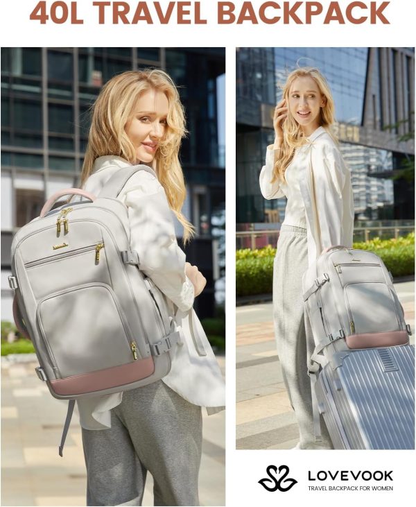 LOVEVOOK Travel Backpack For Women, 40L Carry On Backpack Flight Approved, TSA Personal Item Travel Bag Fits 17 Inch Laptop, Business Weekender Overnight Waterproof Daypack With 2 Cubes, Grey-Pink - Image 3