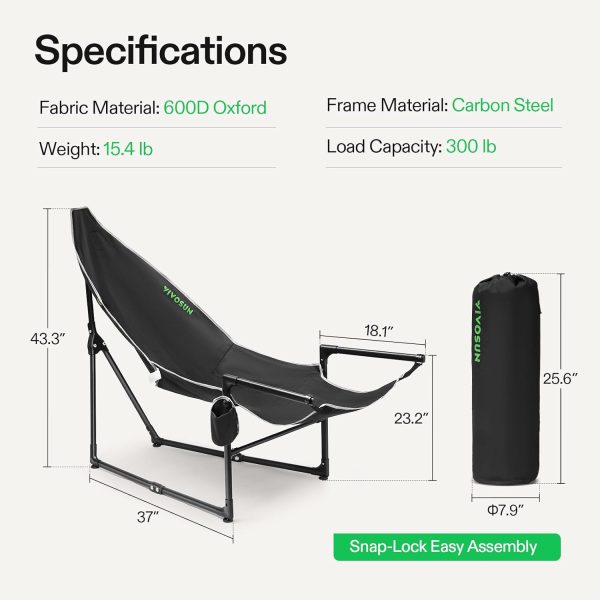 VIVOSUN Chaise Lounge, 2-in-1 Reclining Chair with Footrest/Armrests, Cup Holder, Storage Pocket, and Carry Bag, Support 300 lb, for Camping, Beach, Poolside, and Patio, Black - Image 2